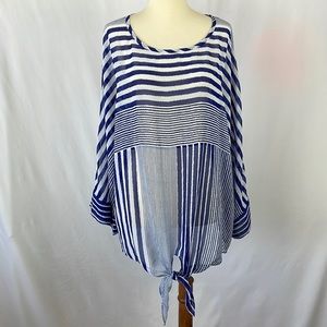 Chico's Navy Blue and White Striped Sheer Front Tie Boho Blouse - Size XL/16